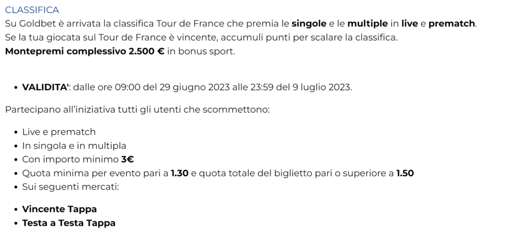 Goldbet Promo Tour de France Regolamento